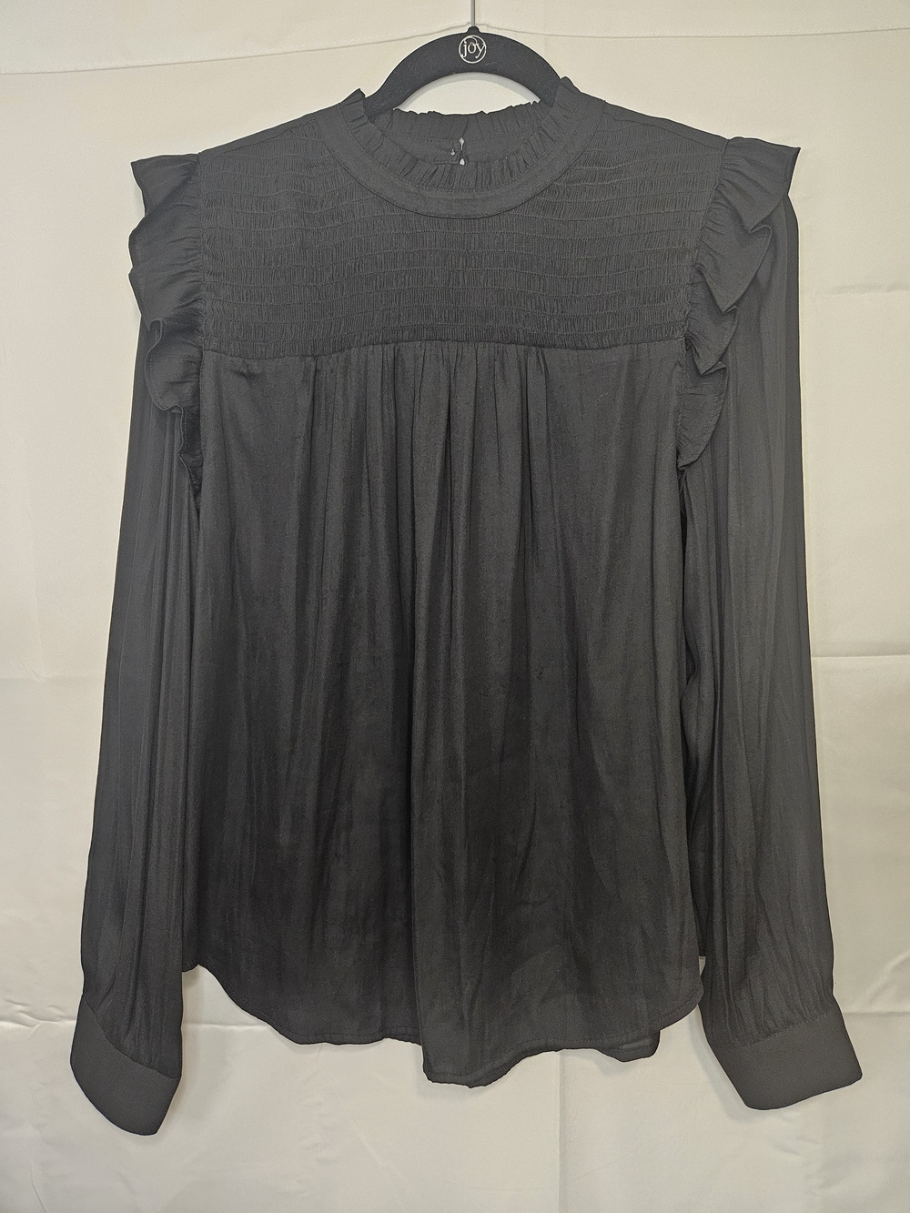 Loft Women’s Black Long Sleeve Ruffle Smocked Yoke Button Closure Shirt Medium